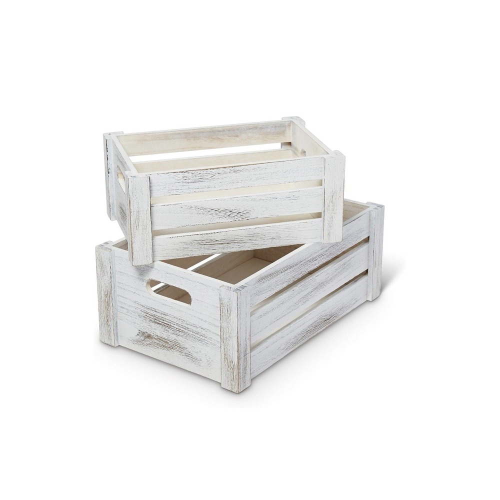 Farmhouse Wooden Crate Set | Whitewashed Nesting Storage Boxes Set of 2 - Picture 11 of 15